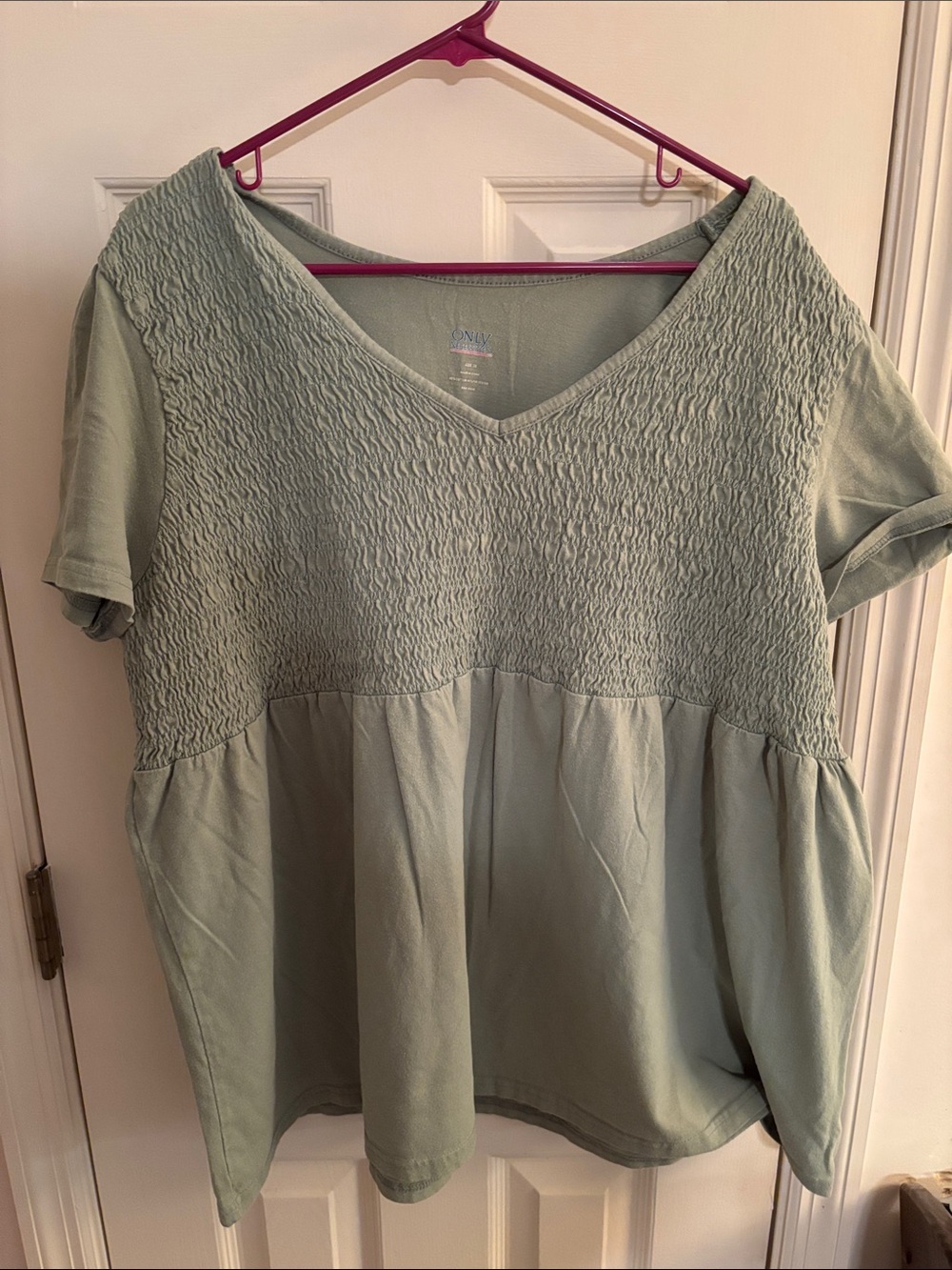 Only Necessities Light Sage Smocked V-Neck Peplum Top